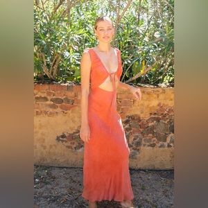 VRG GRL After Dark Bias Cut Midi Dress Rust Size 8